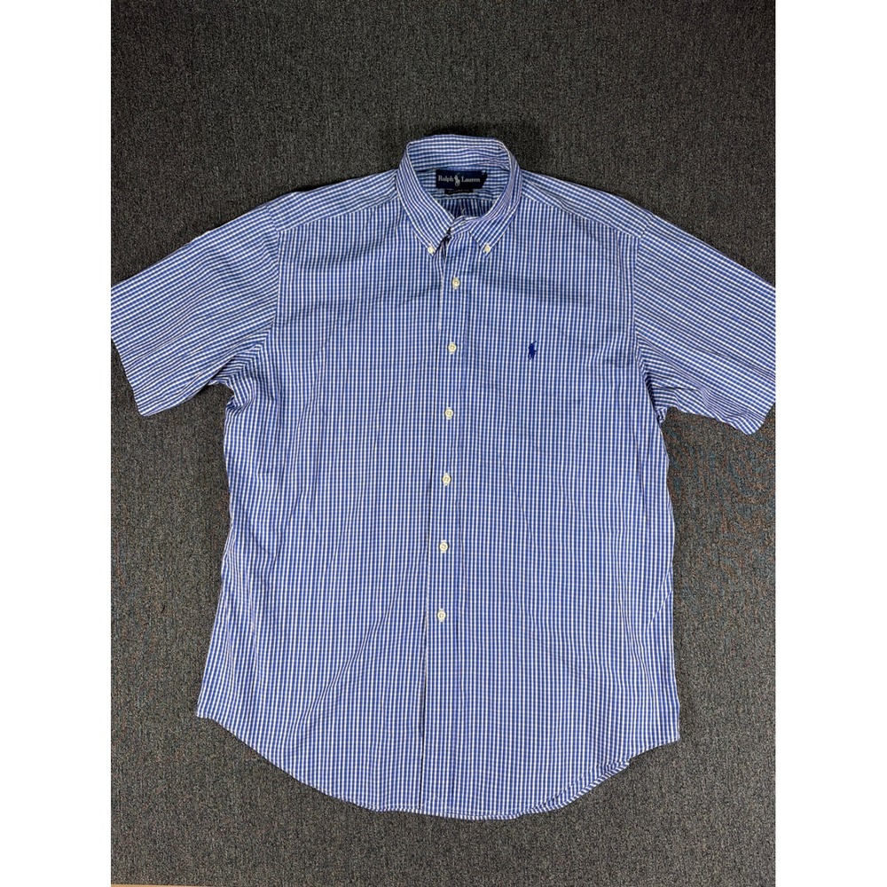 Ralph Lauren Mens Blue Gingham Short Sleeve Button Down Shirt Classic Fit L